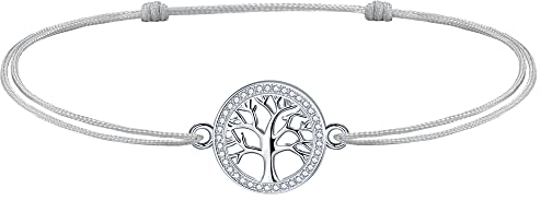 J.Endéar Fußkettchen Lebensbaum Damen Mädchen Silber 925 mit Zirkonia, 37cm Verstellbares Seil Fußkettchen Geschenk Handarbeit, Grau