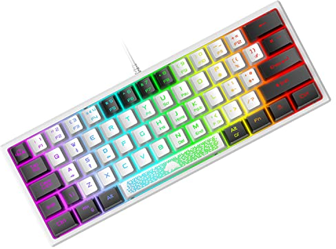 Mini 60% Gaming-Tastatur, Membran Game Keyboard mit Halbmechanisch Tasten, Optical RGB-Chroma-Backlit Kompakt 62 Tasten Double Color Keycap, QWERTY Layout für PC Laptop Mac Computer-White & Black