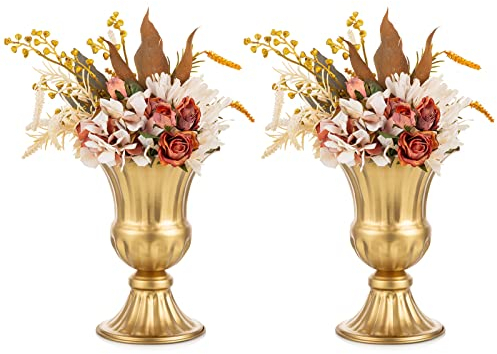 Nuptio Gold Vase für Hochzeit Mittelstücke - 2 Stück 23cm Höhe Metall Urne Vasen Elegant Blume Urnen Pflanzer für Tisch Kleine Blume Trompete Vase für Hochzeiten Geburtstag Partei Dekorationen