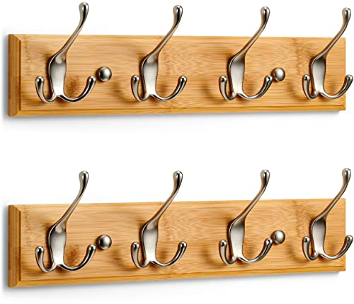 LARHN Garderobenhaken Holz (2 Stück) - Garderobenleiste Holz mit 4 Haken in Nickel Matt - 42 cm - Kleiderhaken Wand - Wandgarderobe für Flure, Garderoben, Schlafzimmer und Badezimmer