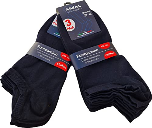 Calzini Fantasmini in pregiato cotone Filo di Scozia Chiffon, da uomo e donna unisex, calzini sneakers bassi sotto la caviglia nei colori Nero Blu Bianco confezione da 6 Paia Prodotto in Italia
