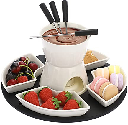TOLIDA Fondue au chocolat - 300 ml - Céramique blanche - Set de fondeur de fromage carré avec 4 fourchettes et 4 assiettes avec plateau en bois 11 pièces pour chocolat, beurre et fromage (sans bougie)