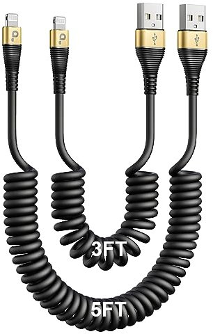 iPhone Charger Cable for Car (3FT/5FT), 2Pack Coiled Lightning Cable, [Apple MFi Certified] Short Charging Cord Compatible with iPhone 14/13/12/11 Pro Max/XS MAX/XR/XS/8/iPad/iPod/CarPlay-Gold