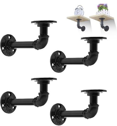 MLOQI 4 Stück Regalwinkel Schwarz metall, Industrielle Regalhalterung, Wandregal Halter, Industrial Rohr Regal Halterungen mit Hardware 17,5 cm DE