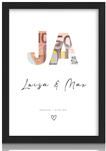 Milaboo® personalisiertes Geldgeschenk Hochzeit - JA ausgestanzt zum Geldverschenken mit Rahmen auf Hahnemühlen Papier Made in Germany A3 A4 A5 Poster im braunen Umschlag