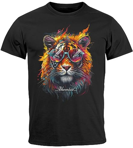 Neverless® Herren T-Shirt Tiger Print Aufdruck Flammen Sommer Sonnenbrille Kunst Fashion Streetstyle schwarz 3XL