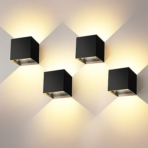 Kingwei 4 Stücke LED Wandleuchten Aussen 12W Mit Up Down Wandlampen Einstellbar Abstrahlwinkel Aussenleuchten IP65 Kaltweiß 3000K Außenwandleuchten Schwarz