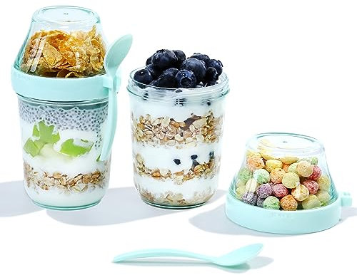 Felli On the Go - Vasos de yogur con tapa, tarros de viaje acrílicos reutilizables para pudín de chía, contenedores de desayuno y almuerzo con control de porciones, almacenamiento de alimentos para