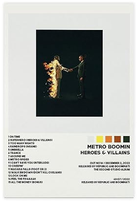 Metro Boomin Poster Heroes & Villains Album Cover Poster 4 Leinwand Poster Wandkunst Dekor Druck Bild Gemälde für Wohnzimmer Schlafzimmer Dekoration 30 x 45 cm