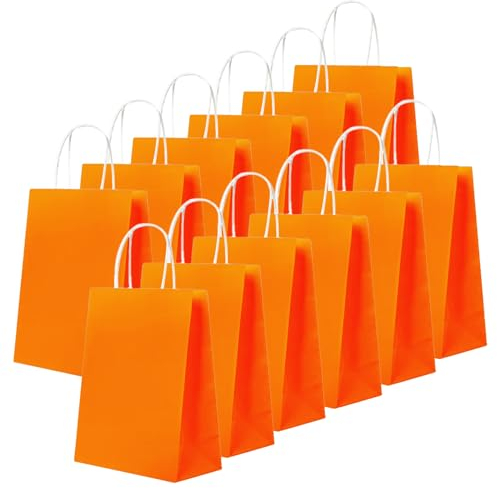 24 Stück Orange Kraft Papiertüte,Geschenktüten Klein mit Henkel 16 x 22 x 8 cm Papiertüten,Geschenkverpackung Papiertragetasche Gastgeschenke Tüten zum Halloween,Geburtstag,Hochzeitsfeiern