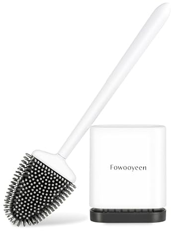 Fowooyeen Klobürste Silikon Toilettenbürste, Weiss WC Bürste Wandmontage, Flach Klobürste mit Edelstahl Griff, Flexibler WC Garnitur Set mit Halter, Herzforme WC-Bürste Hängend ohne Bohren, Weiß Matt