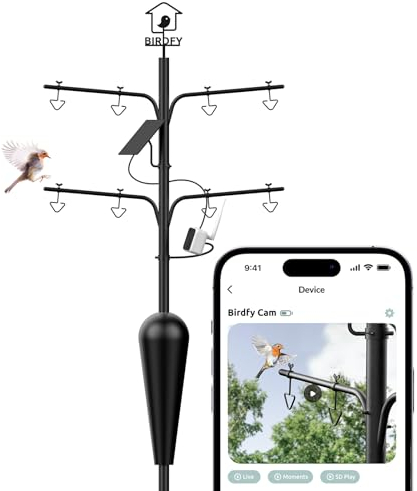 Birdfy Metall Pole Station mit Kamera und Solar, Vogelfutterstation mit Kamera Vögel Bewegungserkennung, DIY Vogelfutterständer mit 8 Eintellbar Haken, 360° Drehbare Stange