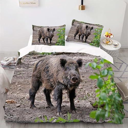 Bettwäsche 135x200 Wildschwein 3D Muster Tier Bettwäsche-Sets 3 Teilig Weiche Microfaser Bettbezug Set mit Reißverschluss und 2 Kissenbezug 80x80 cm F1016