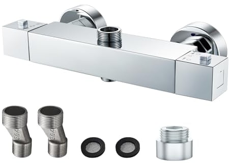 ROWINNAO Mitigeur Douche Thermostatique 2 Sorties, Robinet de Douche en laiton, Carré Mitigeur Thermostatique pour Douche & Colonne, Anti-brûlure, Haut 3/4 BSP (26.4mm)+Bas 1/2BSP (21mm), Chromé