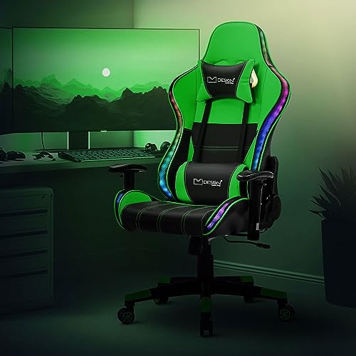 ML-Design Silla Gaming Verde Ergonómica con Iluminación LED RGB y Altavoces Bluetooth Asiento Giratorio PU Imitación Cuero Racing Gamer Ajustable en Altura con Reposabrazos Reposacabezas, Cojín Lumbar