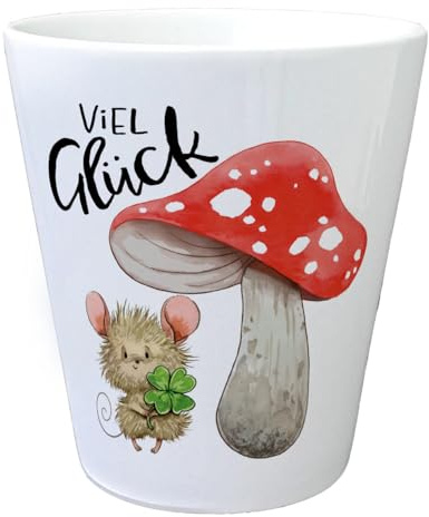 speecheese Maus mit Fliegenpilz Blumentopf mit Spruch Viel Glück Glücksbringer Maus Gesundheitswunsch Klee-Pilz Motiv Grüße