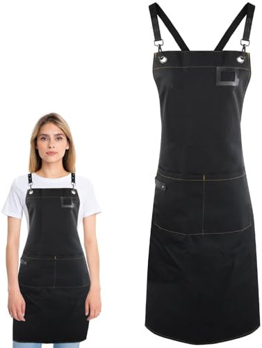 PTJJXA Backschürze Damen Herren 67x90cm, Grillschürze für Männer, Küchenschürze Wasserdicht, Kochschürze Frauen, Gartenschürze Einstellbar, Leinwand Schürzen Gastronomie mit 2 Taschen (Schwarz)