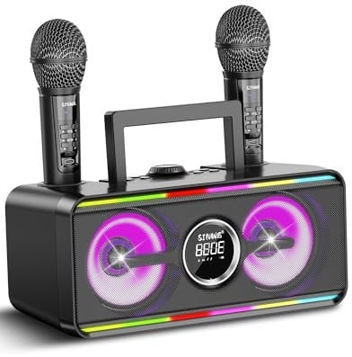Macchina per karaoke per adulti e bambini, con 2 microfoni wireless UHF, sistema wireless portatile per karaoke con luci DJ
