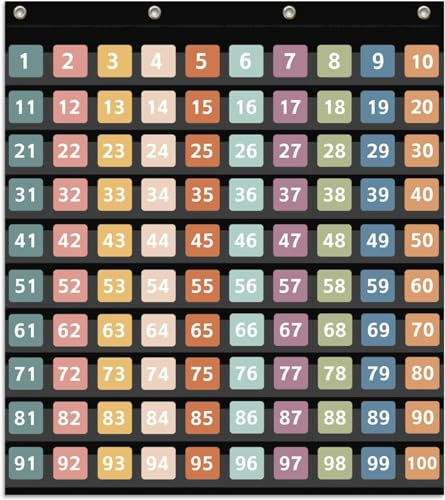 Hundert Taschendiagramm mit 150 Stück doppelseitigen Zahlenkarten im Boho-Stil, Zahlentaschendiagramm für Kinder, Klassenzimmer, Zuhause, Zählen und Organizer (Schwarz, 100 Taschen)