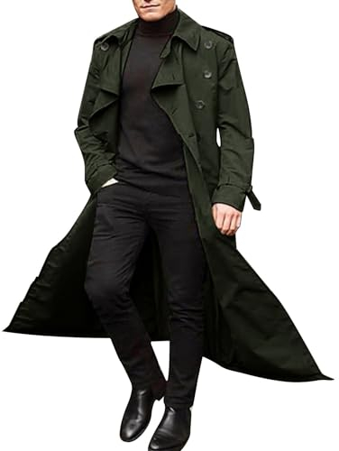 Men's Formal Double Breasted Long Pea Coat - Full Length Woolen Business Jacket with Double Breasted Wool Overcoat