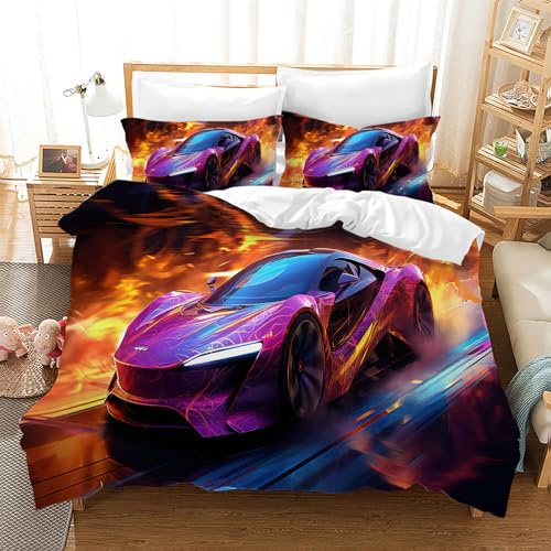 Leleyouzer Rennwagen Bettwäsche 135×200 cm Jungen Teenager Extremsport Bettwäscheset 1pc Microfaser Bettbezug 2pc Kopfkissenbezug 50×75cm(PC3)