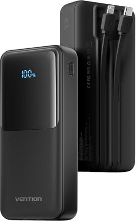 VENTION Powerbank 20000 mAh con cavo USB C da 22,5 W, ricarica rapida, portatile, con display a LED, compatibile con iPhone 15, 14, 13, 12, 11, Pro, Huawei, Samsung, tablet, ecc