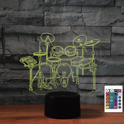 FLRXHK Schlagzeug-Set, 3D-Illusions-Nachtlicht, Touch-Tischlampe mit Fernbedienung, 16 Farben, optisches USB-LED-Nachtlicht für Kinder, Geschenk, Raumdekoration