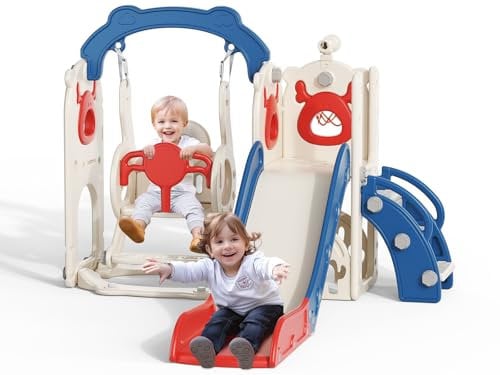 Balançoire,Toboggan et Balançoire 6 en 1 pour Tout-Petits avec Panier de Basket,Cadre d'escalade de Jardin,Télescope,Rangement,Grande Balançoire Toboggan Stable et Durable(Bleu Rouge)
