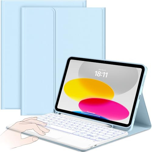 CACOE Funda Teclado Compatible con iPad 10 Generación 10.9 Pulgadas 2022 A2757/A2777 con Touchpad, Iluminación de 7 Colores Desmontable Teclado Inalámbrico Español, Azul Cielo