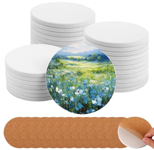 STARVAST 20 Stück Weiße Keramik Untersetzer, 10.3CM Unglasierte Fliesen Untersetzer Rohlinge & Untersetzer Kork, DIY Bastel Untersetzer für Gläser, Tassen, Malerei, Acrylguss(Runden)