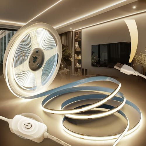BRIMETI USB 5V COB LED Streifen Dimmbar 5M Selbstklebend 320LEDs/M Natürliches Weiß 4000K, TV Beleuchtung LED Strip Lights CRI90+ Flexibel Lichtband, für Schlafzimmer, Spiegel Dekoration Küche