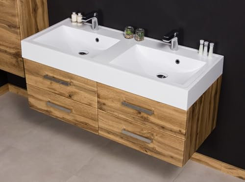 Quentis Badmöbel Doppelwaschplatz ZENO Breite 120 cm, Eiche Natur, 4 Schubladen, Unterschrank montiert (120 cm)