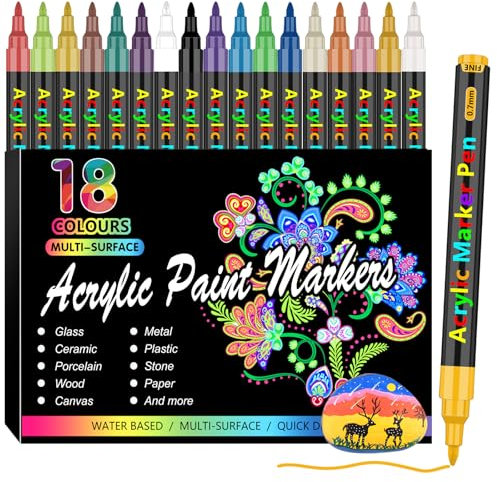 Lyuvie 18 Colours Acrylic Paint Pens, Water-Based Permanent Paint Pens Markers with 0.7mm Extra Fine Tip,Acrylic Pens for Rock Painting Fabric Pebbles Glass Stone Metal Wood Ceramic