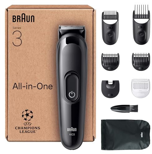 Braun Recortadora Todo En Uno Series 3 AIO3545, Kit De Styling 8en1 Para Barba y Pelo, 14 Longitudes, Máquina De Cortar Pelo Con 50 Min De Autonomía, Cortapelos Hombre, Recorte Fácil Y Rápido, Negro