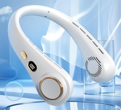 BUOAZR Ventilador de Cuello Portátil, 5 Velocidades Ajustables/Silencioso/Sin Hojas, Ventilador Cervical con Batería de 1800 mAh Recargable, Ventilador USB Manos Libres para Deportes, Viajes (Blanco)