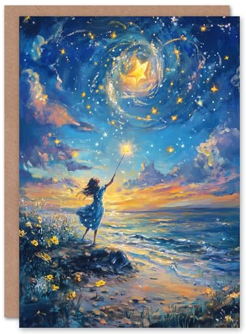 Artery8 Greeting Card Wish Upon A Star Magical Sky Beach Fantasy Art For Child Kids Birthday Card