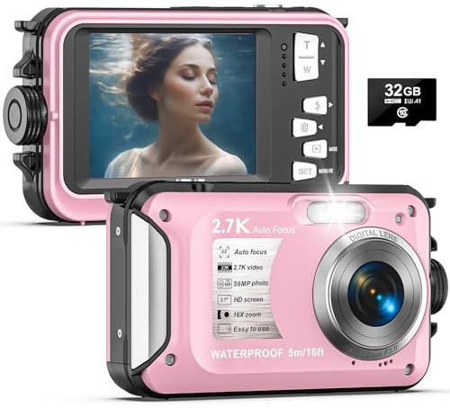 Yixinxin Appareil Photo Etanche 16FT étanche 2.7K vidéo 56MP Autofocus 16X Zoom Numérique Appareil Photo Numérique Etanche pour la Plongée en Apnée avec Carte 32GB