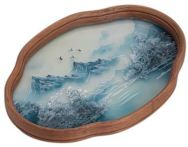 Teetablett Teetablett aus Bambusglas, chinesisches Gongfu-Teetablett, chinesische Landschaft, Serviertablett, Retro, elegant, schönes Couchtisch-Tablett für Obst, Snack, Kuchen Tee Serviertablett