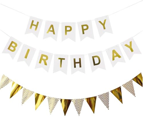 Tourima Geburtstagsdeko, Happy Birthday Girlande Set, Weiß und Gold, Banner mit Buchstaben und Wimpelkette, für Erwachsene und Kinder Geburtstag Party Dekoration
