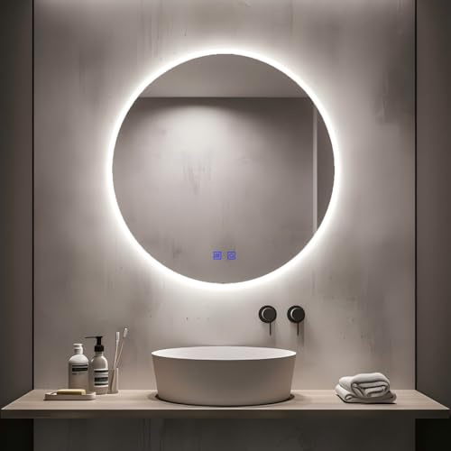 Kasloglow Runder Spiegel mit Beleuchtung 90 cm – LED Badspiegel, Dimmbar, Warmweiß & Kaltweiß, Beschlagfrei, Touch-Schalter, Badezimmer Wandspiegel