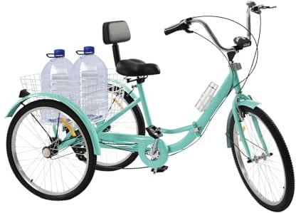 Faltbar Dreirad für Erwachsene, 24 Zoll 7 Gang Lastenfahrrad, 3 Räder Fahrrad Erwachsene mit Einkaufskorb, City Einkauffahrrad Cargo-Bike für Erwachsene Senioren und Frauen Höhenverstellbar (Türkis)