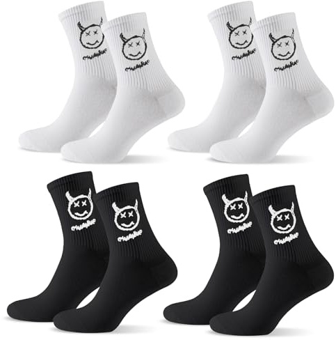 4 paia di calzini da tennis da uomo con motivo Smiley 36-43 in spugna bianca nera divertente calzino sportivi alla moda personalizzati