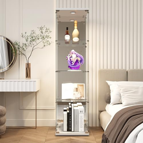 TIMORWTF Vetrina in vetro LED, trasparente con serratura, mobile per collezione 1 anta 4 ripiani, piastra specchio, 164x42x36 cm, bianco