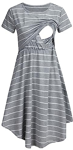 Nursing Dress Women's Striped Nursing Dress Breastfeeding Crew Neck Maternity Nightdress Soft Comfy Pregnancy Nightwear Short Sleeve Ladies Nightgown Pregnancy Sleepwear Pyjamas Breastfeeding