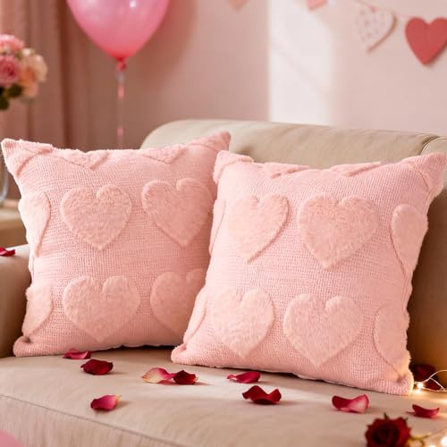 Lanpn 2 Stück Valentinstag Kissenbezüge 40x40cm, Dekorative Kissenhülle aus Plüsch Liebe Kissenbezug sofakissenbezug für Winter Wohnzimmer Schlafzimmer Sofadekoration (Rosa, Großes Herz)