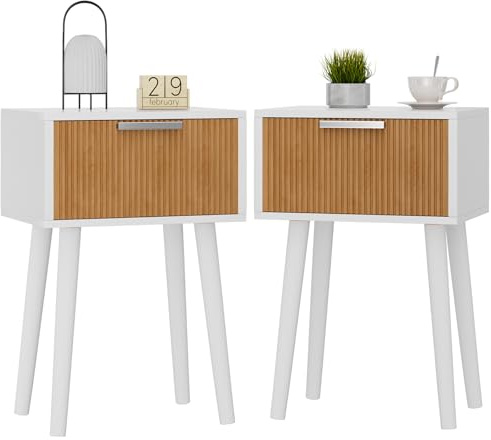 YMYNY Nachttisch 2er Set, Beistelltisch, Nachtschrank, Magnetschublade mit geriffelten Fronten, Massivholz Beinen, Modern, Couchtisch für Schlafzimmer Wohnzimmer, Naturfarbe und Weiß HST014WN-2