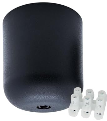 Deckenbaldachin Schwarz Ø 65 mm H 69 mm matt – Kunststoff Baldachin mit Zugentlaster + Mini Lüsterklemme 3-polig 1,5 mm² L+Erde+N – Deckenrosette für Lampenmontage