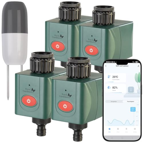 Royal Gardineer Bodenfeuchte Messgeräte: 4er-Set WLAN-Bewässerungscomputer mit Bodensensor (Bewässerungssysteme Gärten, Bodenfeuchtesensoren Garten, Gartenschlauch)