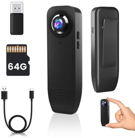 Body cam, Bodycam Körperkamera Mini 1080P HD, Mini Kamera ohne WLAN mit 64 GB TF Karte, Loop-Funktion Kleine Body Camera 1000 mAh Lange Akkulaufzeit Nachtsicht Body Kamera Bewegungserkennung Mini Cam