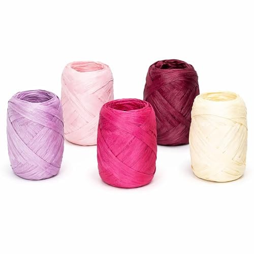 Papierband Raffiabast 5 Rollen Set je 20m - Geschenkband Raffia Papier Schnur Craft Verpackung - Bastband Papiergarn zum Binden Verzieren - Bänder für Geschenke Dekorationen - Rosa Mix